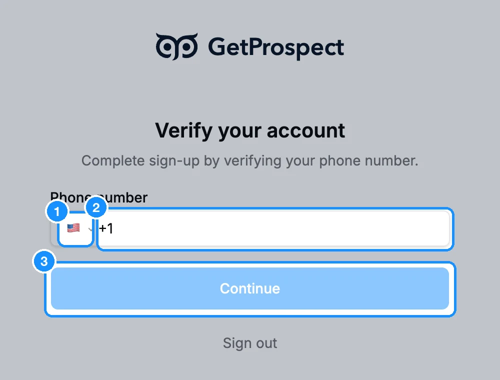 Verify your account page with the country flag picker, the Phone number field and the Continue button