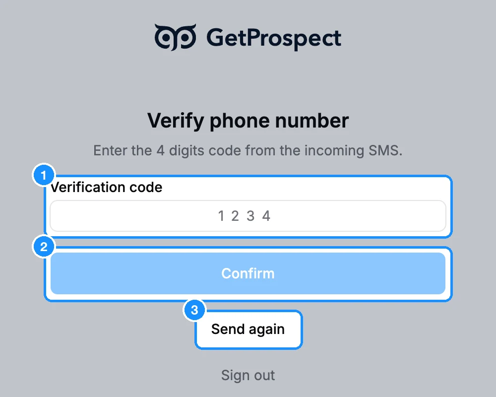 Verify phone number page with the 4-digit Verification code field, the Confirm button and the Send again button