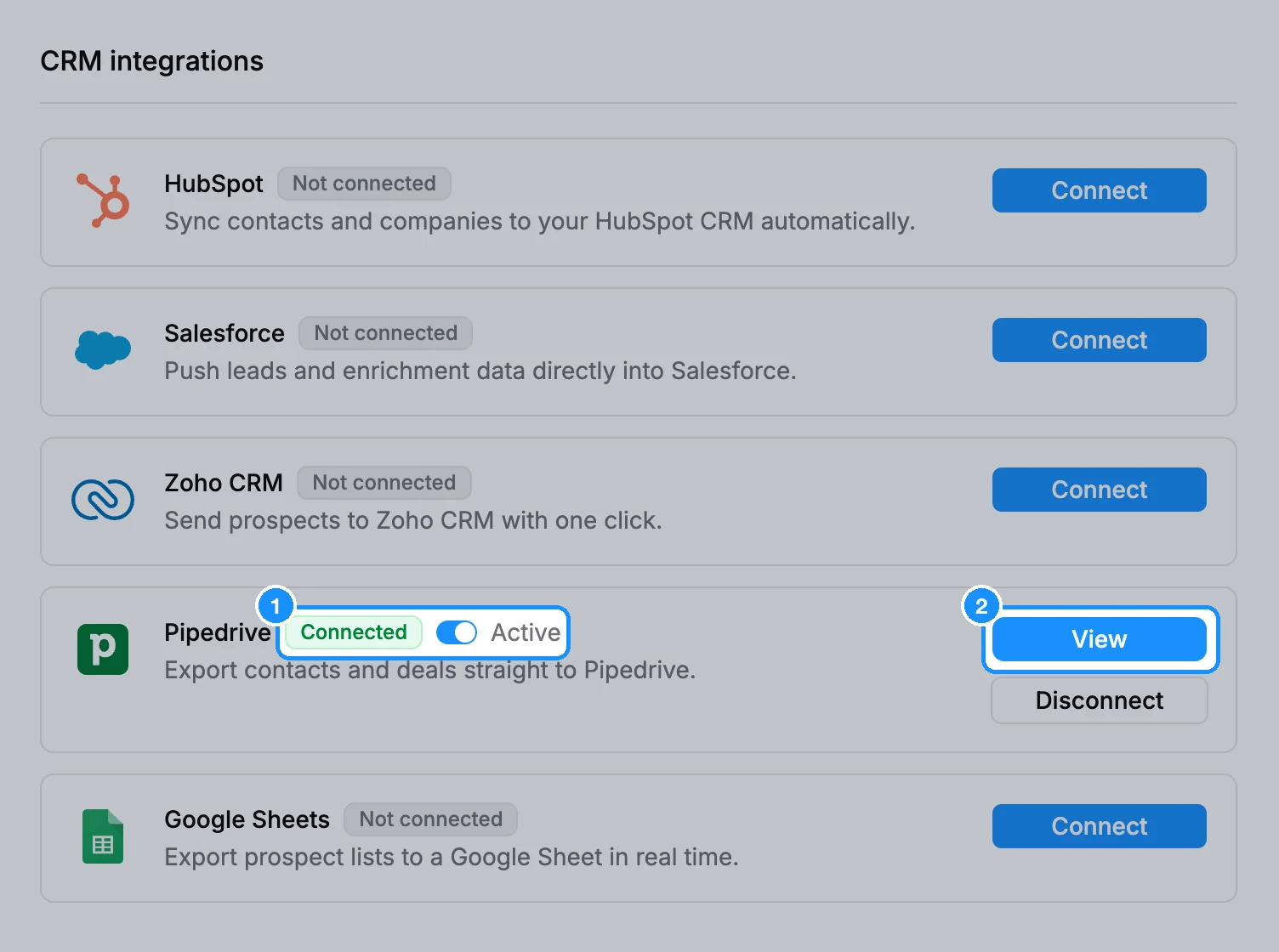 Integrations page with the Pipedrive card showing Connected, the Active switch, and View and Disconnect buttons