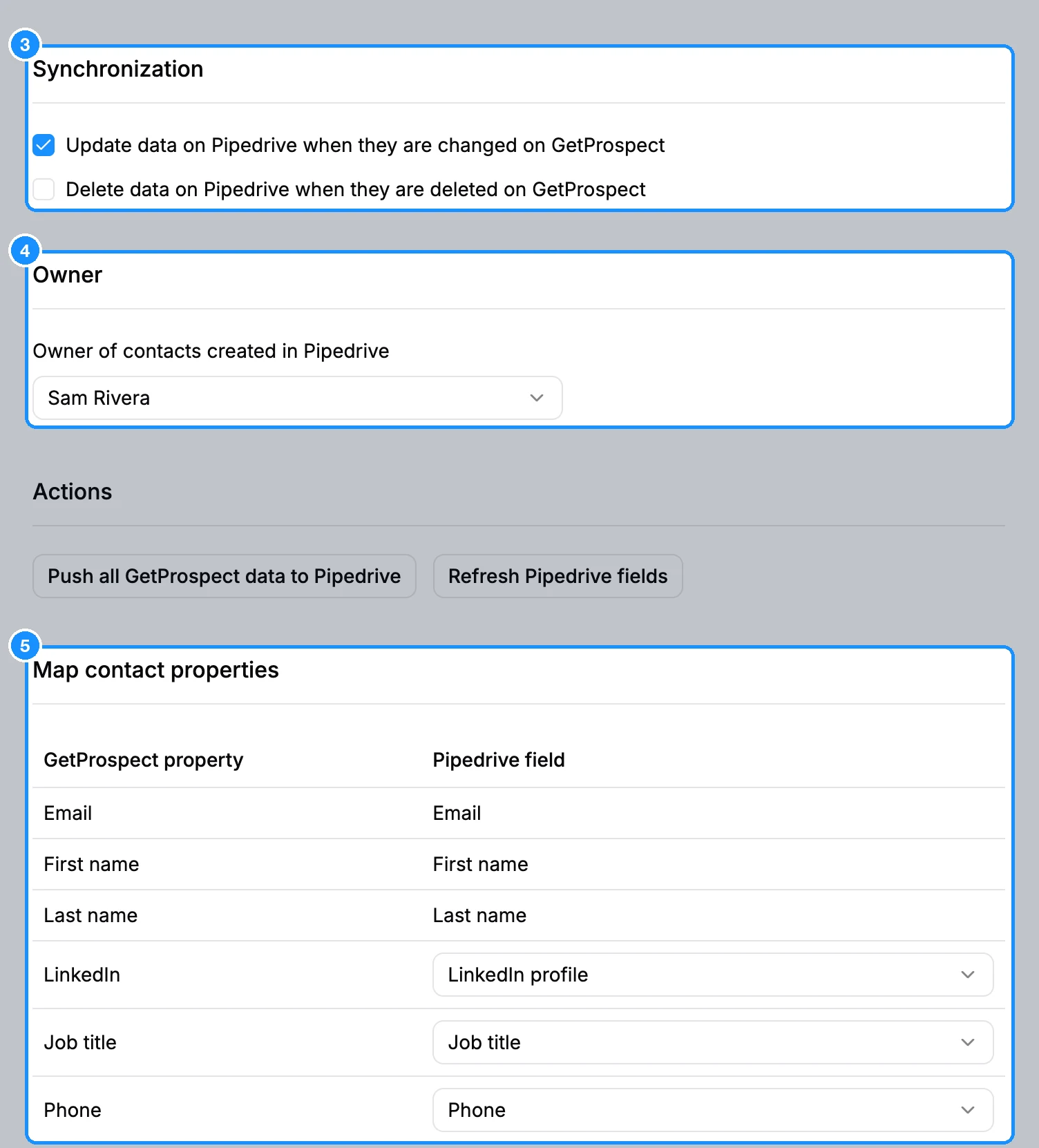 Pipedrive settings with the Synchronization checkboxes, the Owner menu and the Map contact properties table
