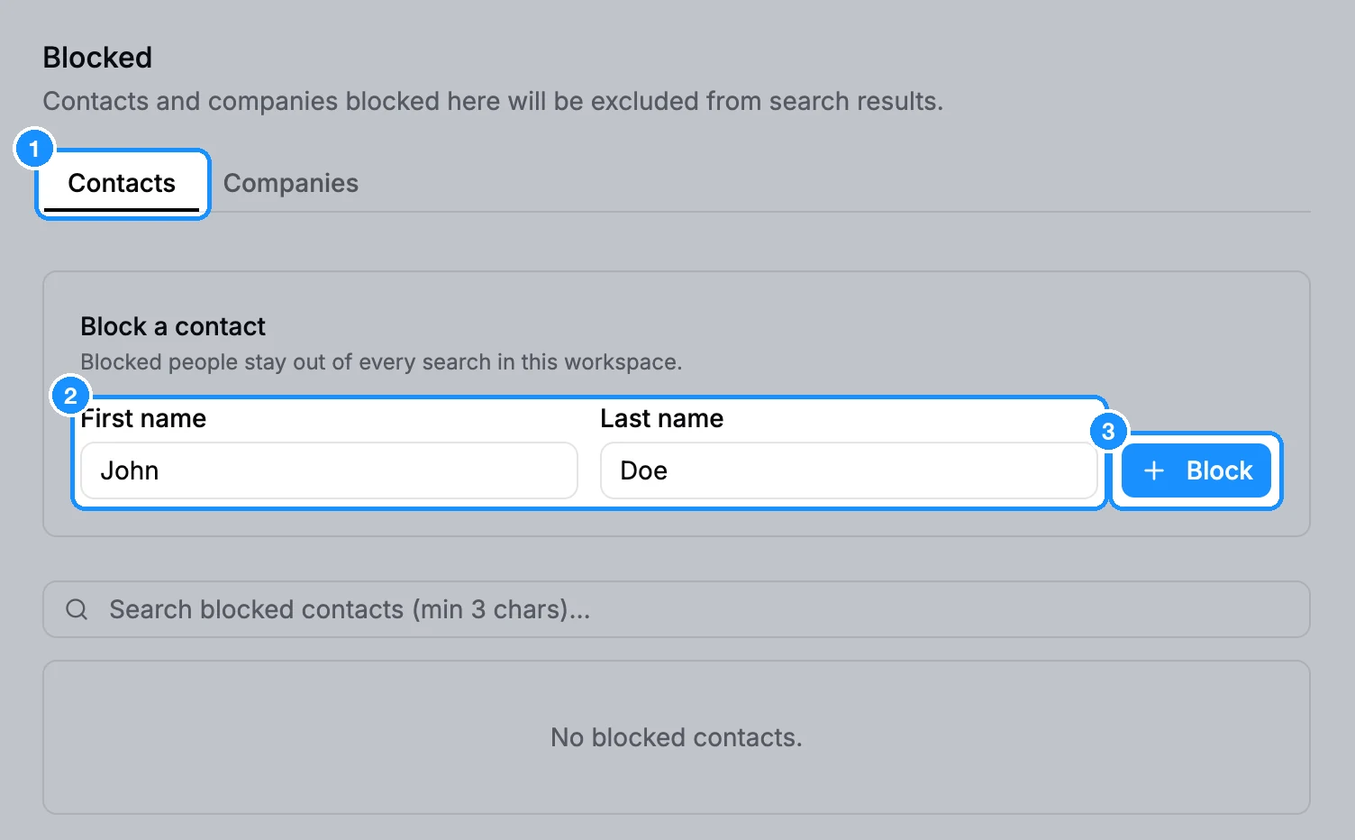 Blocked settings page on the Contacts tab with First name and Last name filled in and the Block button next to them