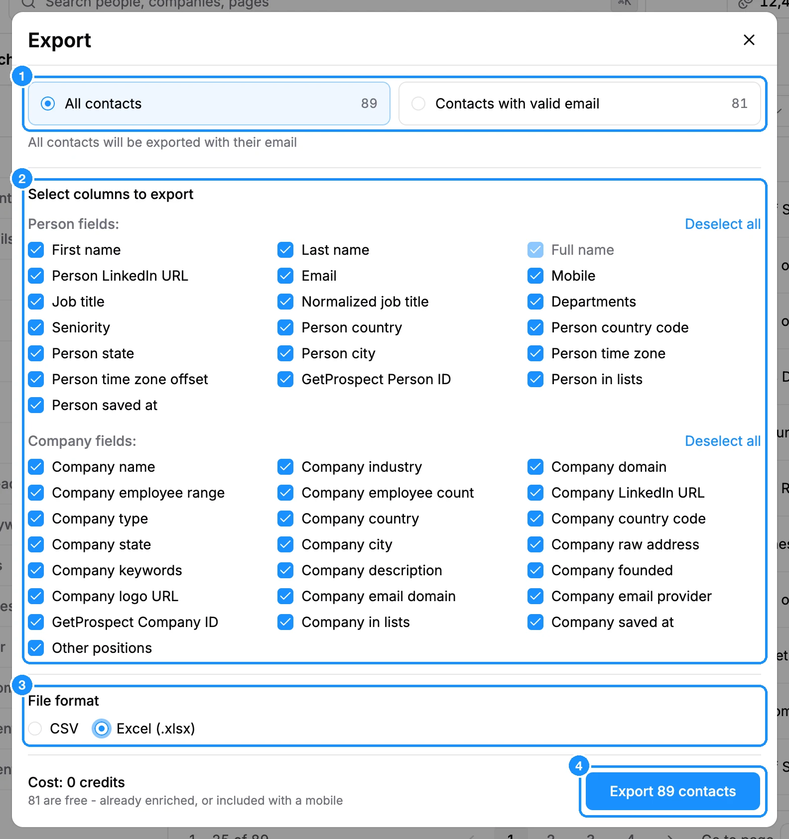 Export dialog with All contacts selected, the column picker, File format set to Excel (.xlsx), the Cost line and the Export button