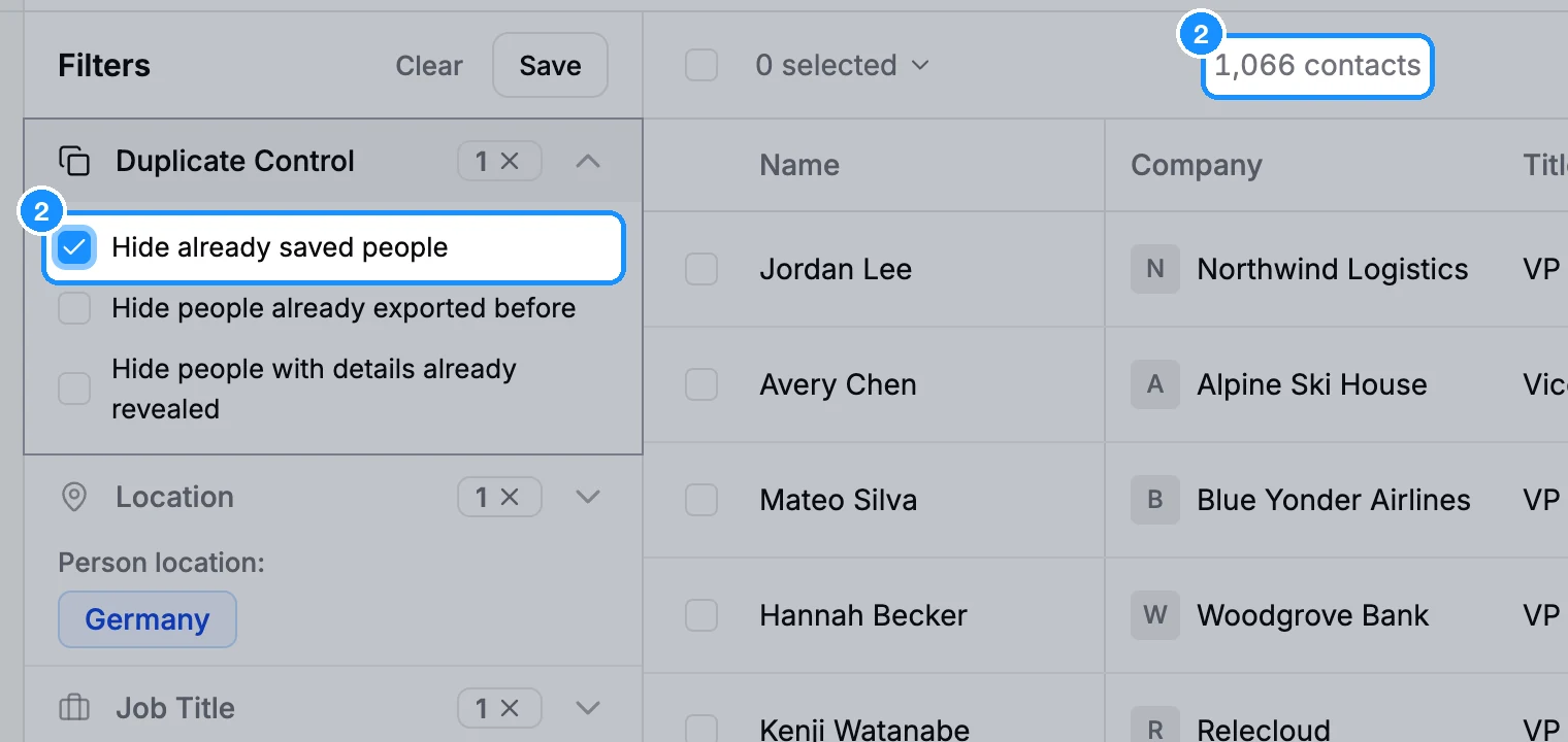Duplicate Control with Hide already saved people ticked and the result count lower than before