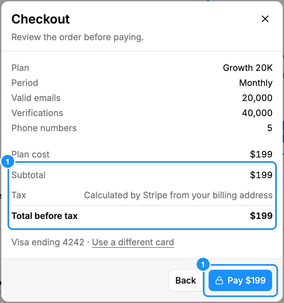 Checkout dialog with Subtotal, Tax and Total before tax rows, the Tax line reading "Calculated by Stripe from your billing address", and the Pay button