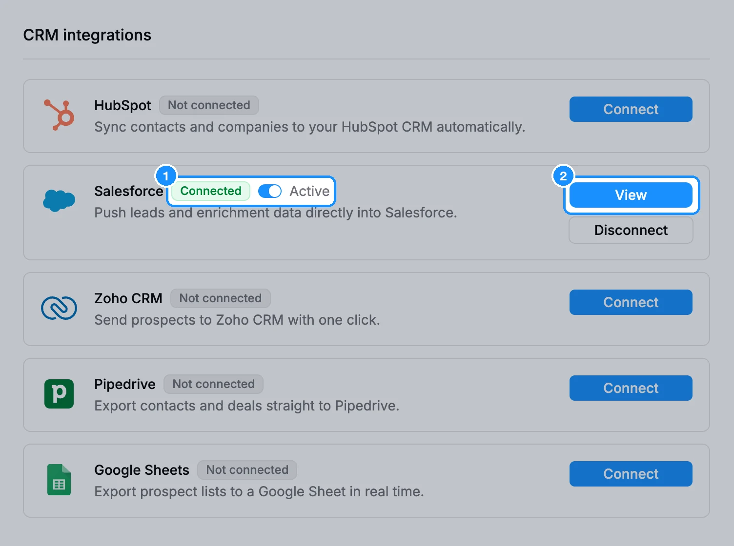 Integrations page with the Salesforce card showing Connected, the Active switch, and View and Disconnect buttons