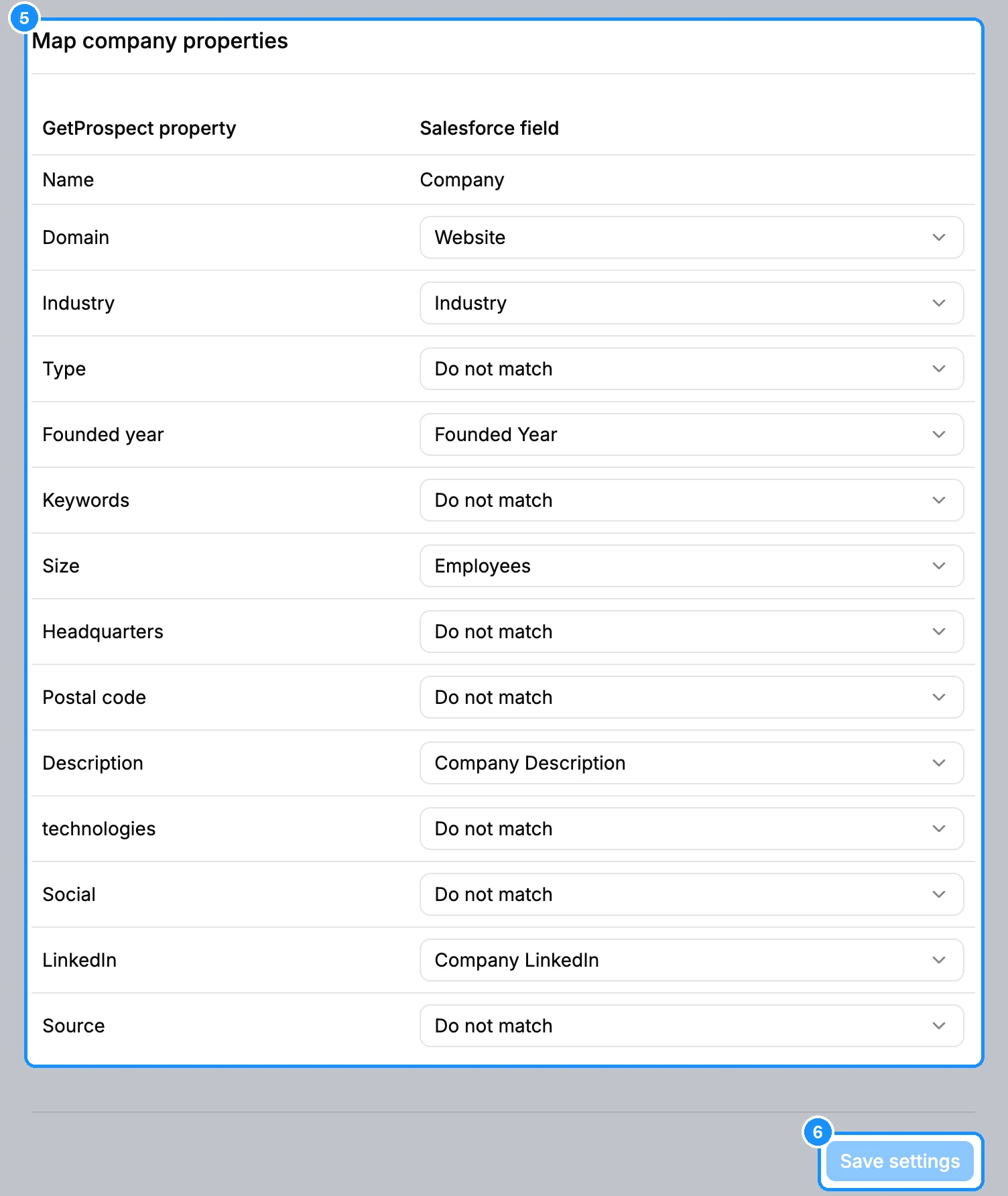 Salesforce settings with the Map company properties table, the company name row locked to Company, and the Save settings button