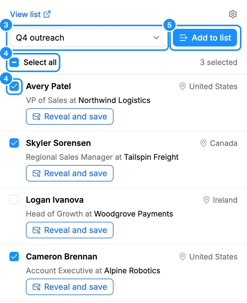 Side panel on a Sales Navigator search with View list at the top, the list picker and Add to list button, the Select all row with "3 selected", and people rows with checkboxes and Reveal and save buttons
