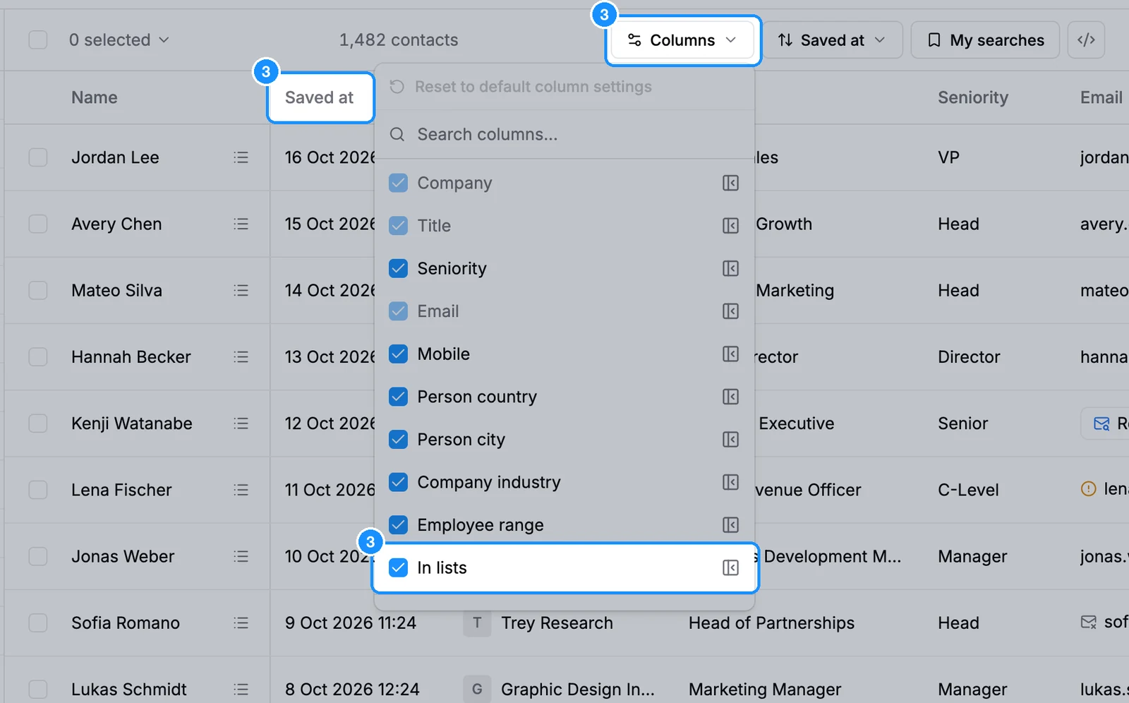 All saved people view with the Saved at column after Name and the Columns popover open with In lists ticked