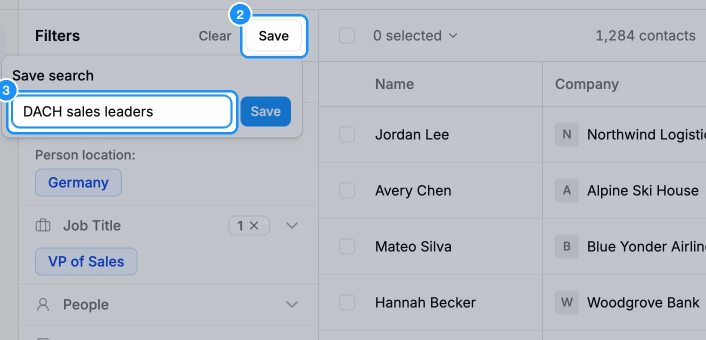 Save search popover above the filter rail with the name "DACH sales leaders" typed in the Search name field