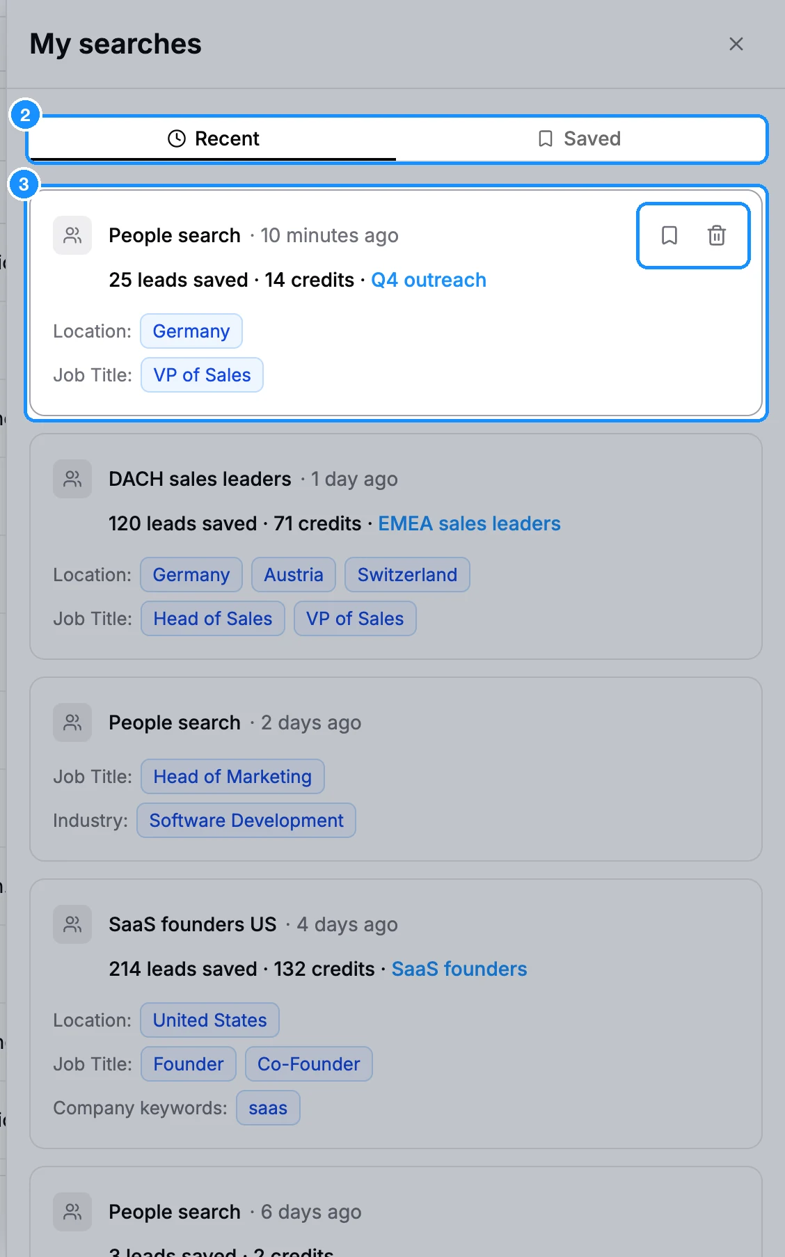 My searches side panel on the Recent tab with search cards showing their filters and when each was run, and the Save search and Delete search icons on the first card