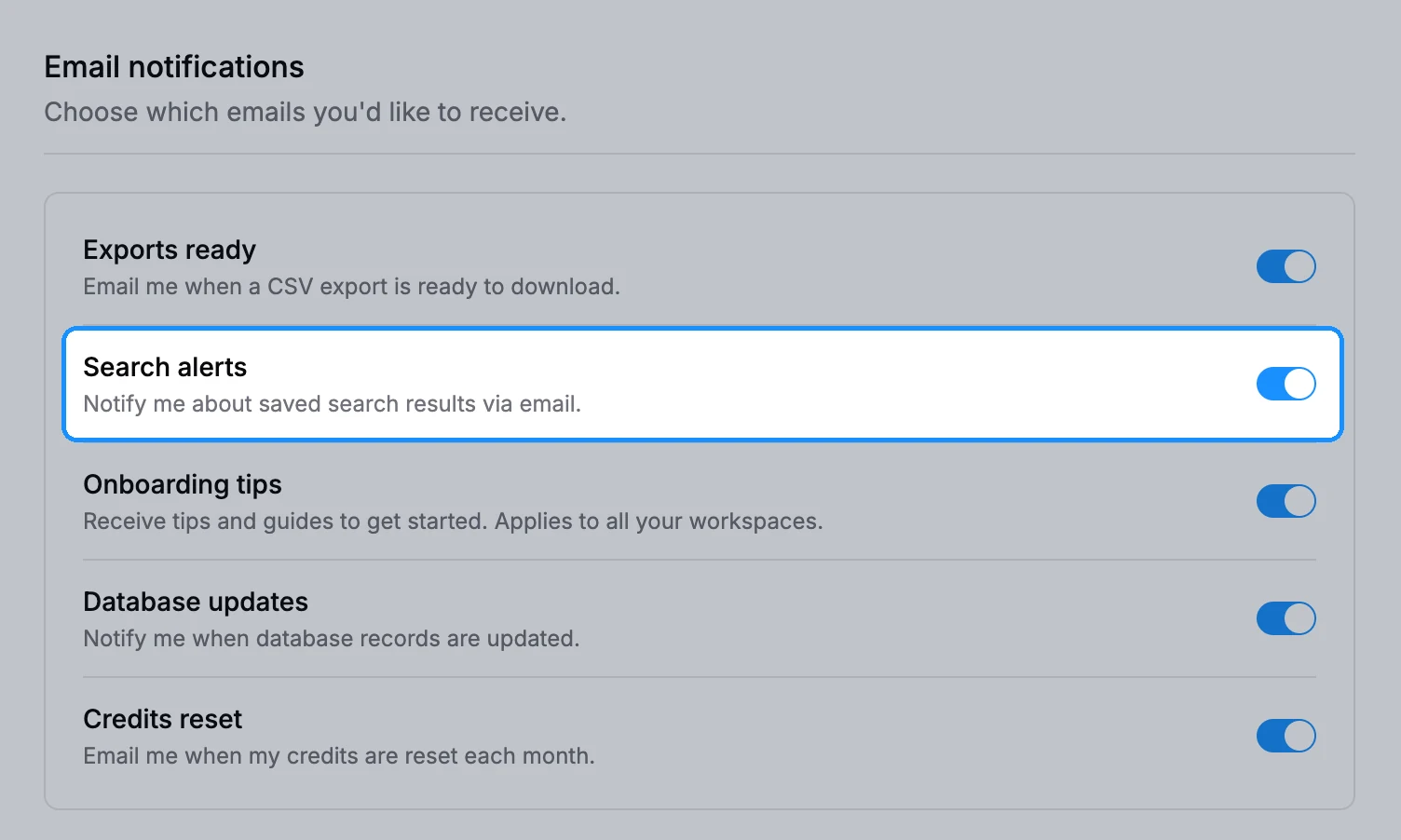 Settings, Notifications page with the Search alerts switch in the Email section