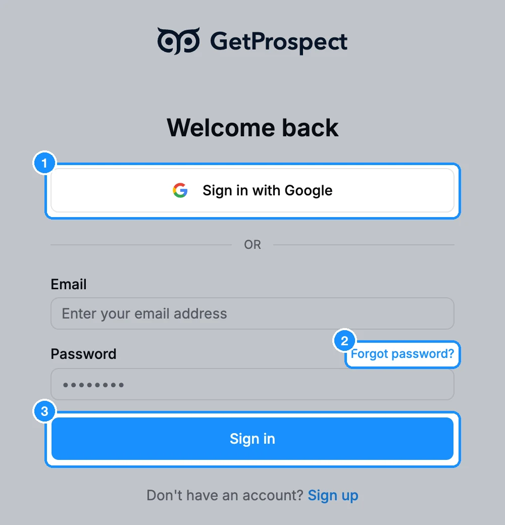 Welcome back sign-in page with the Sign in with Google button, the Email and Password fields and the Forgot password? link