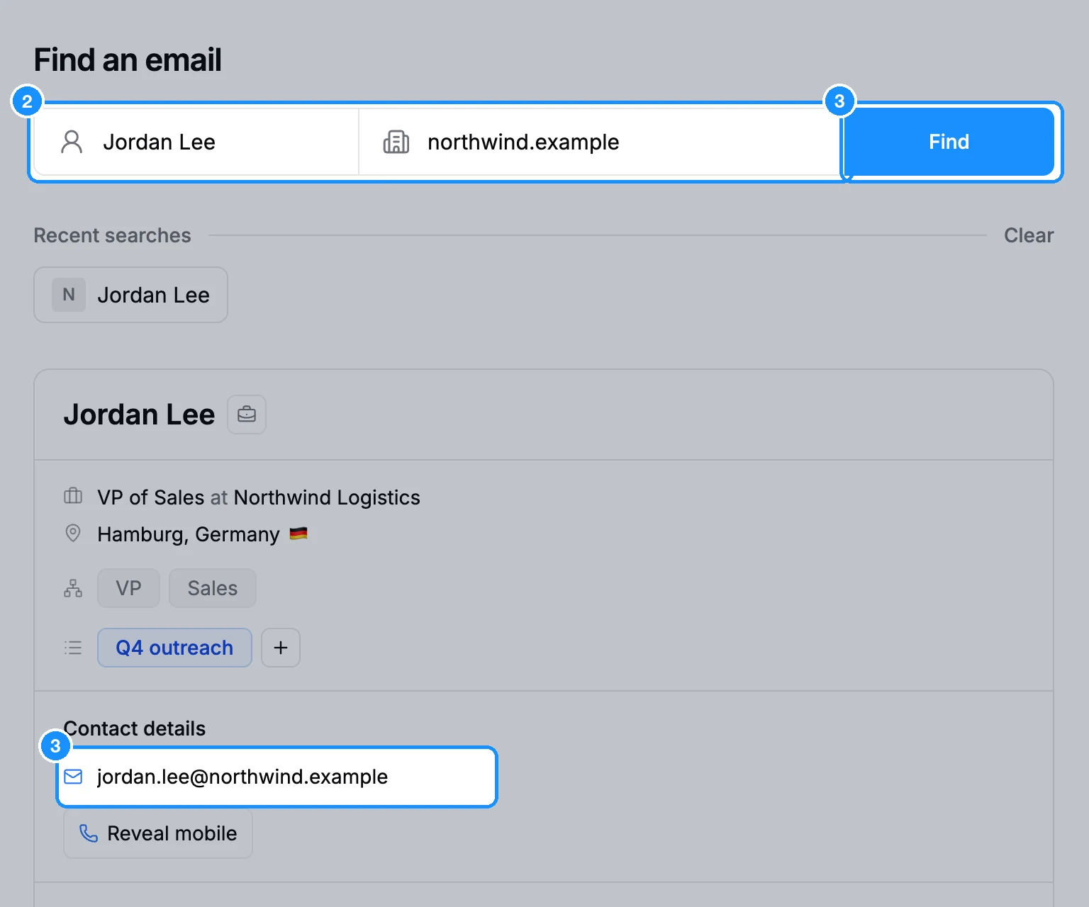 Find email tab with a full name and a company domain entered and the matched person's profile with a verified email below