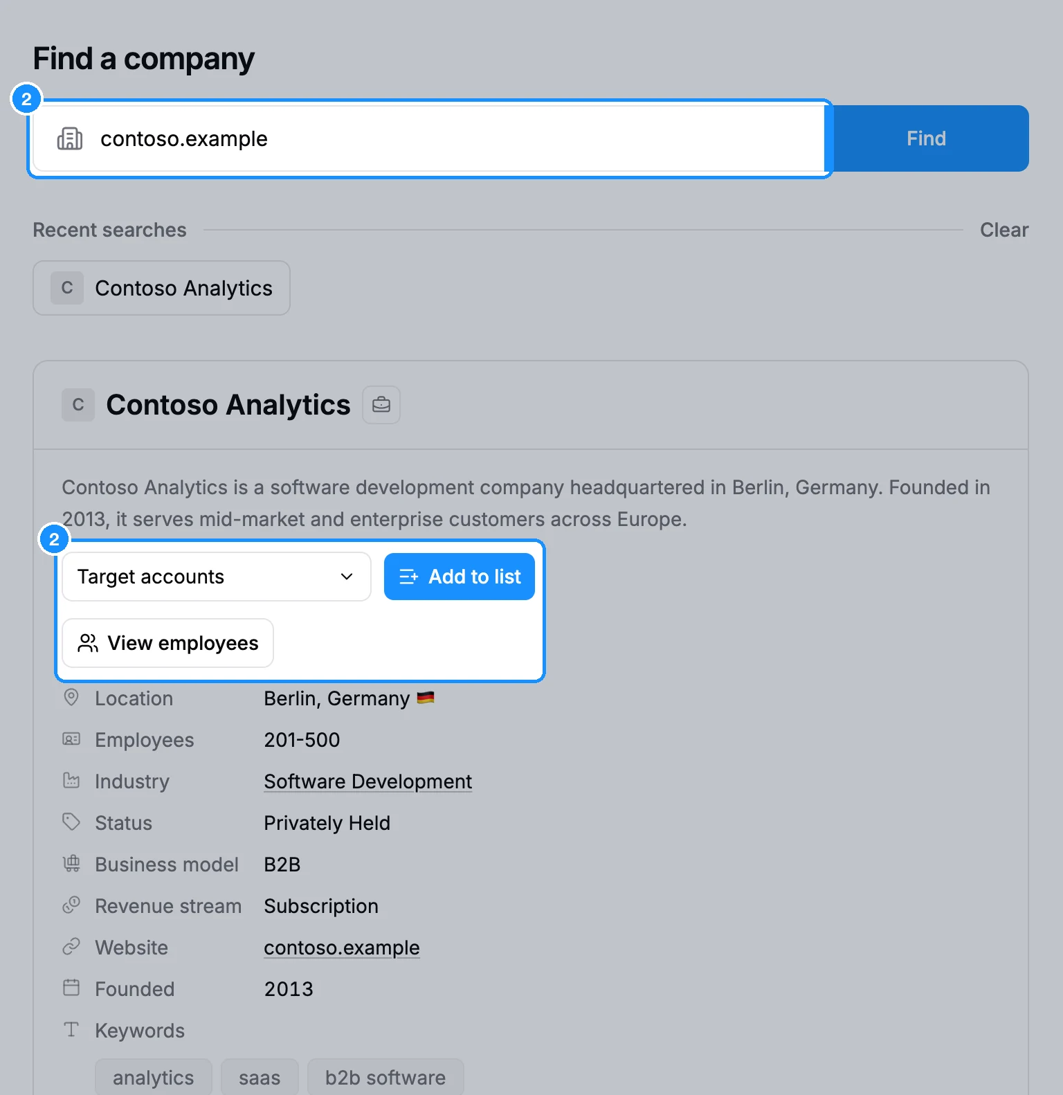 Find company tab after a company lookup by domain: the Company field, the company under Recent searches, and the company profile below with the list picker, Add to list and View employees buttons