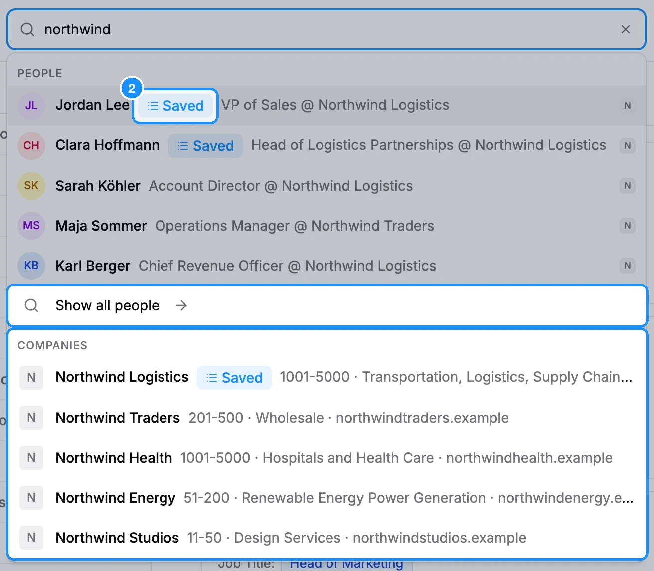 Top search open with a company name typed, showing a People section with Saved badges on the first rows, a Show all people row and a Companies section