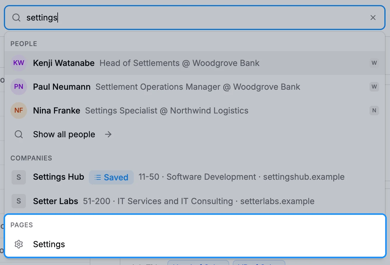 Top search with "settings" typed, showing People and Companies matches and, at the bottom, a Pages section with the Settings page