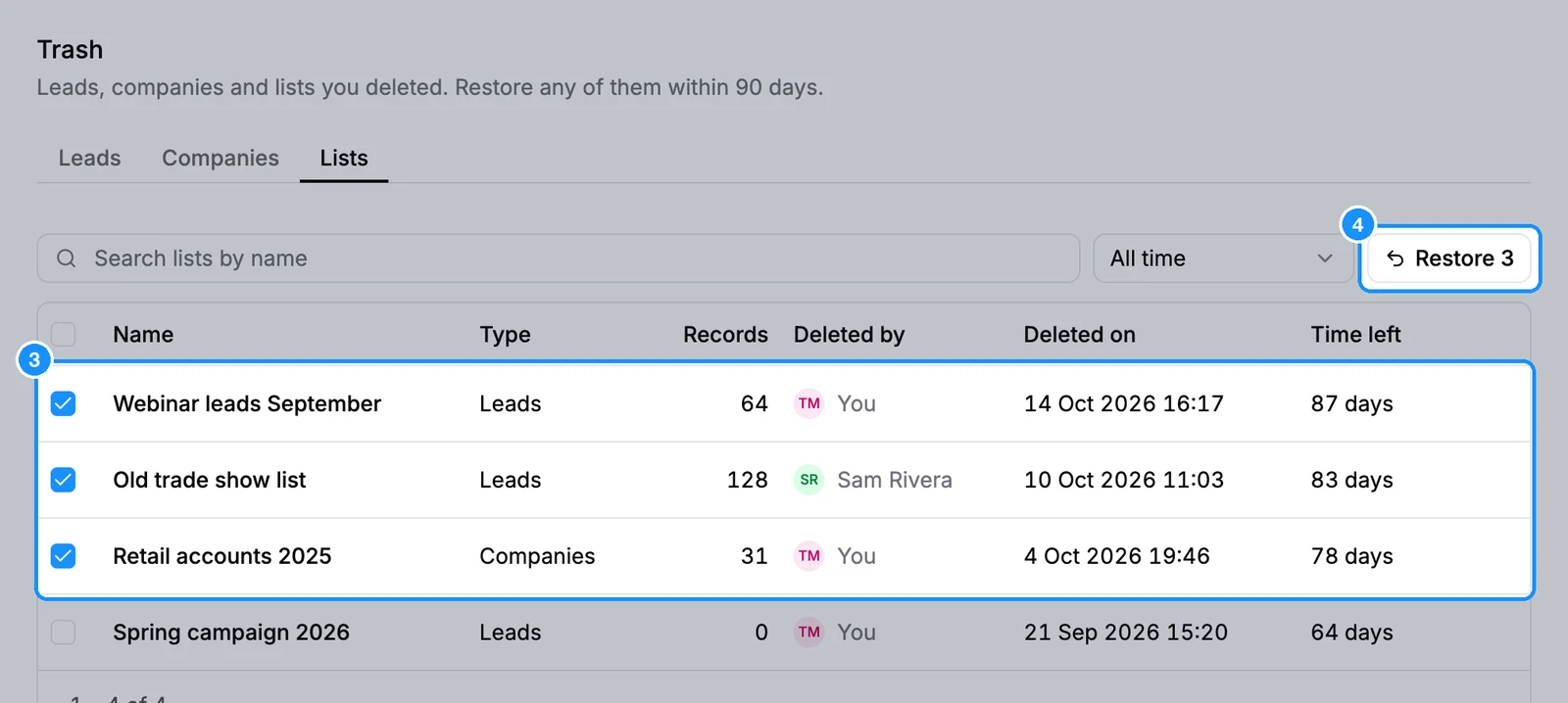 Trash page on the Lists tab with three deleted lists ticked and the Restore 3 button highlighted