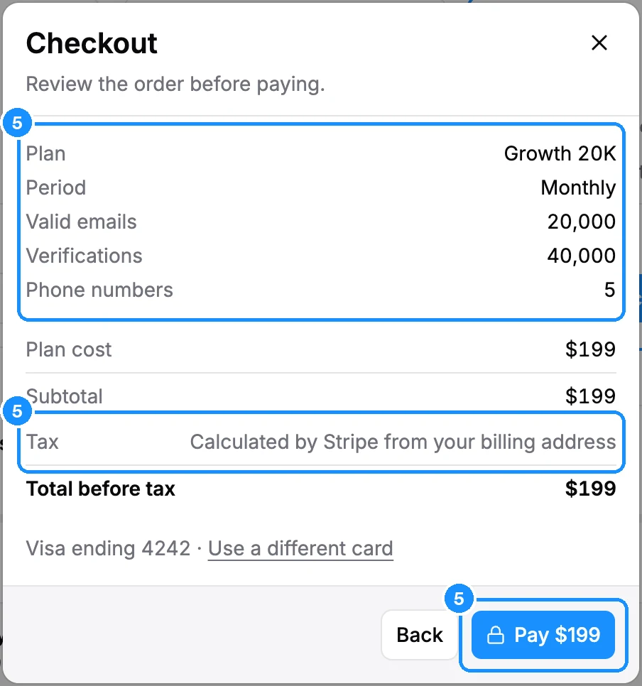 Checkout dialog listing plan, period, valid emails, verifications and phone numbers, then plan cost, subtotal, tax and total before tax, the saved Visa card and the Pay button