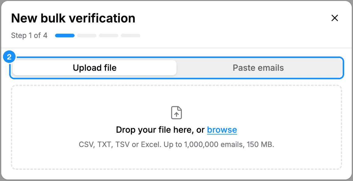 New bulk verification dialog with the Upload file and Paste emails tabs and the file drop area