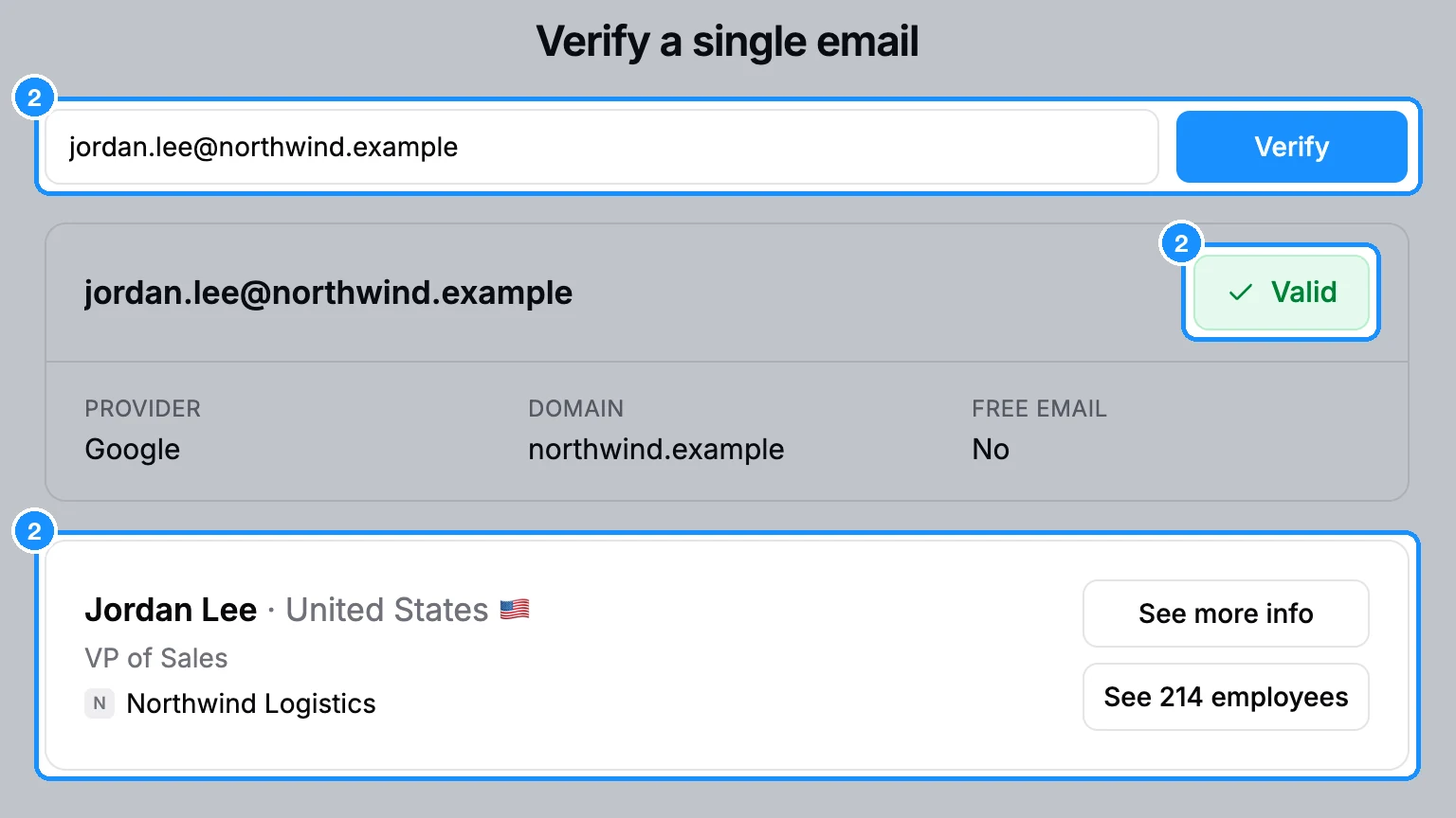 Single verify tab with an address entered, a Valid verdict badge, Provider, Domain and Free email facts, and the matching person card with See more info