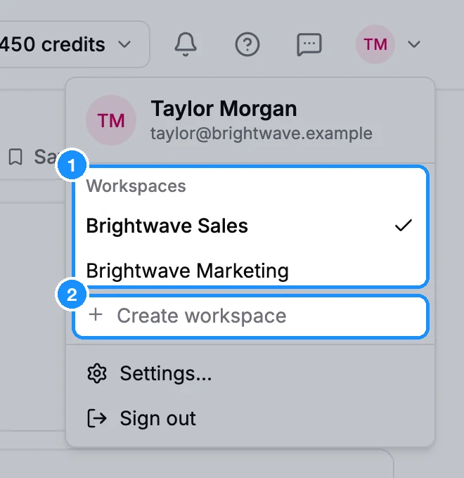 Account menu open with your name and email, the Workspaces list with a check mark on the current workspace, and Create workspace below it