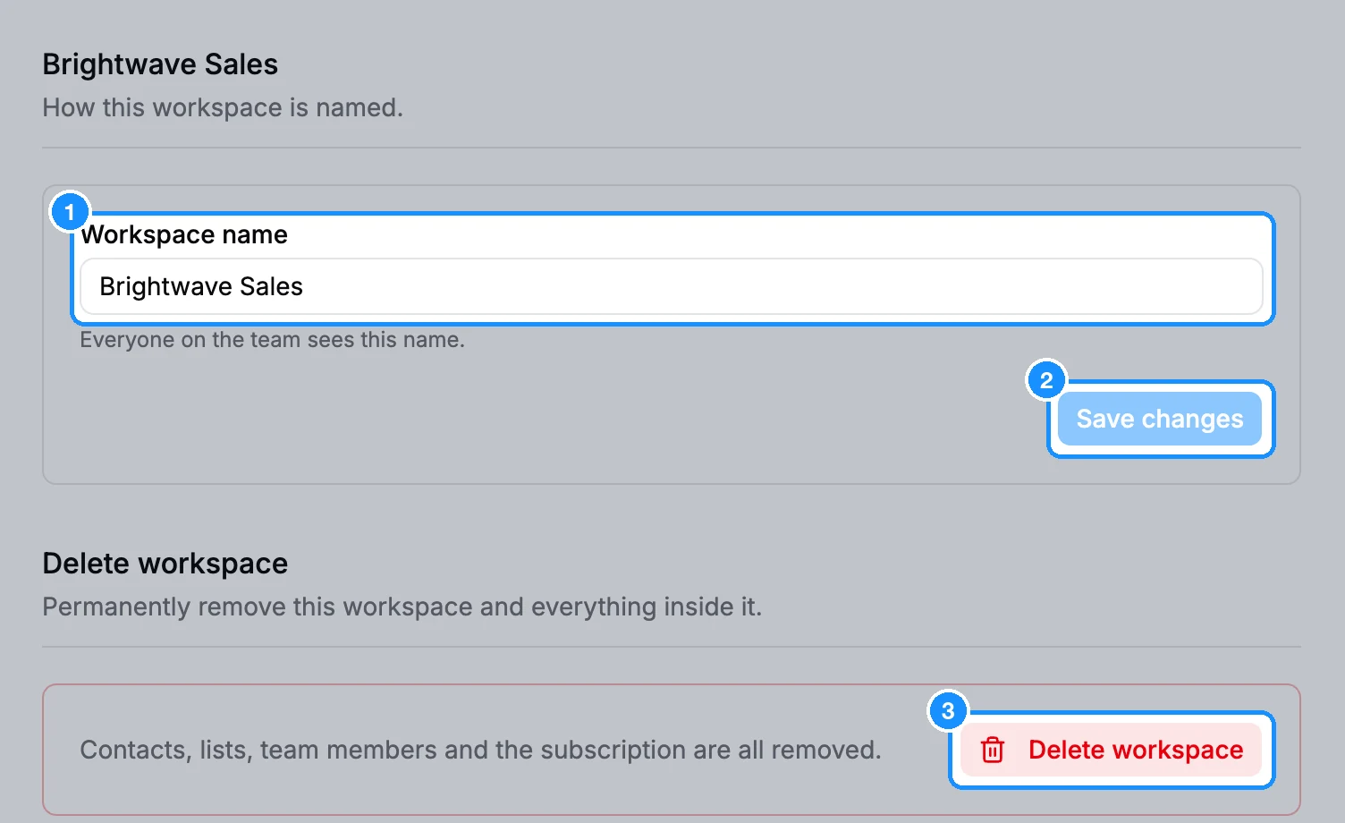 Settings Workspace page with the Workspace name field, the Save changes button and the Delete workspace section below
