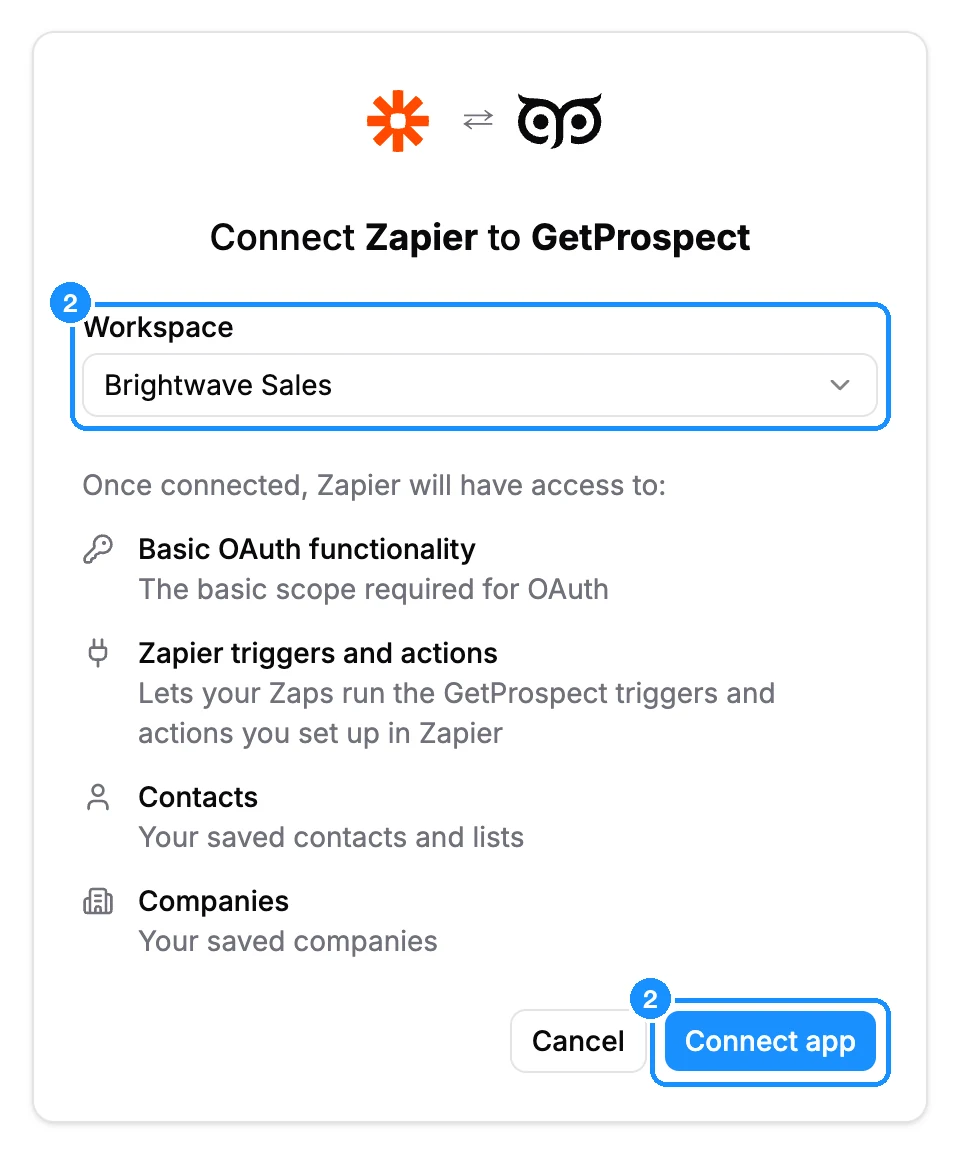 Connect Zapier to GetProspect page with the Workspace menu, the access list and the Connect app button