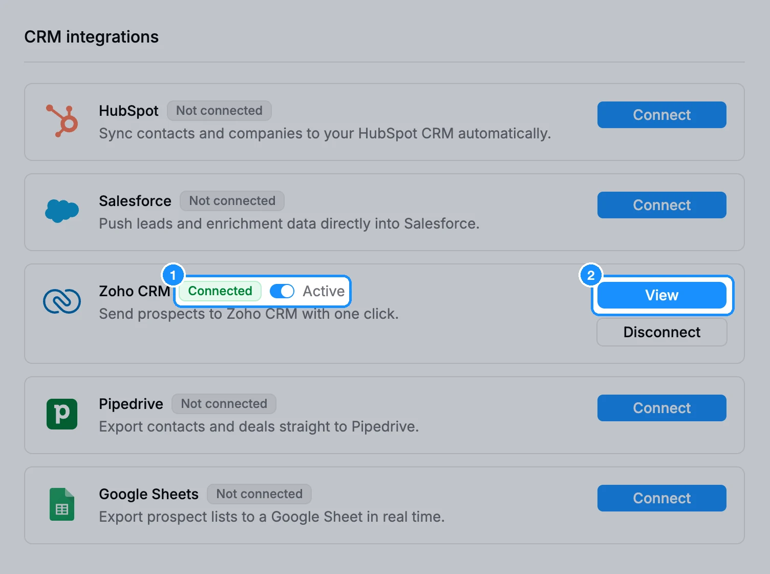 Integrations page with the Zoho CRM card showing Connected, the Active switch, and View and Disconnect buttons