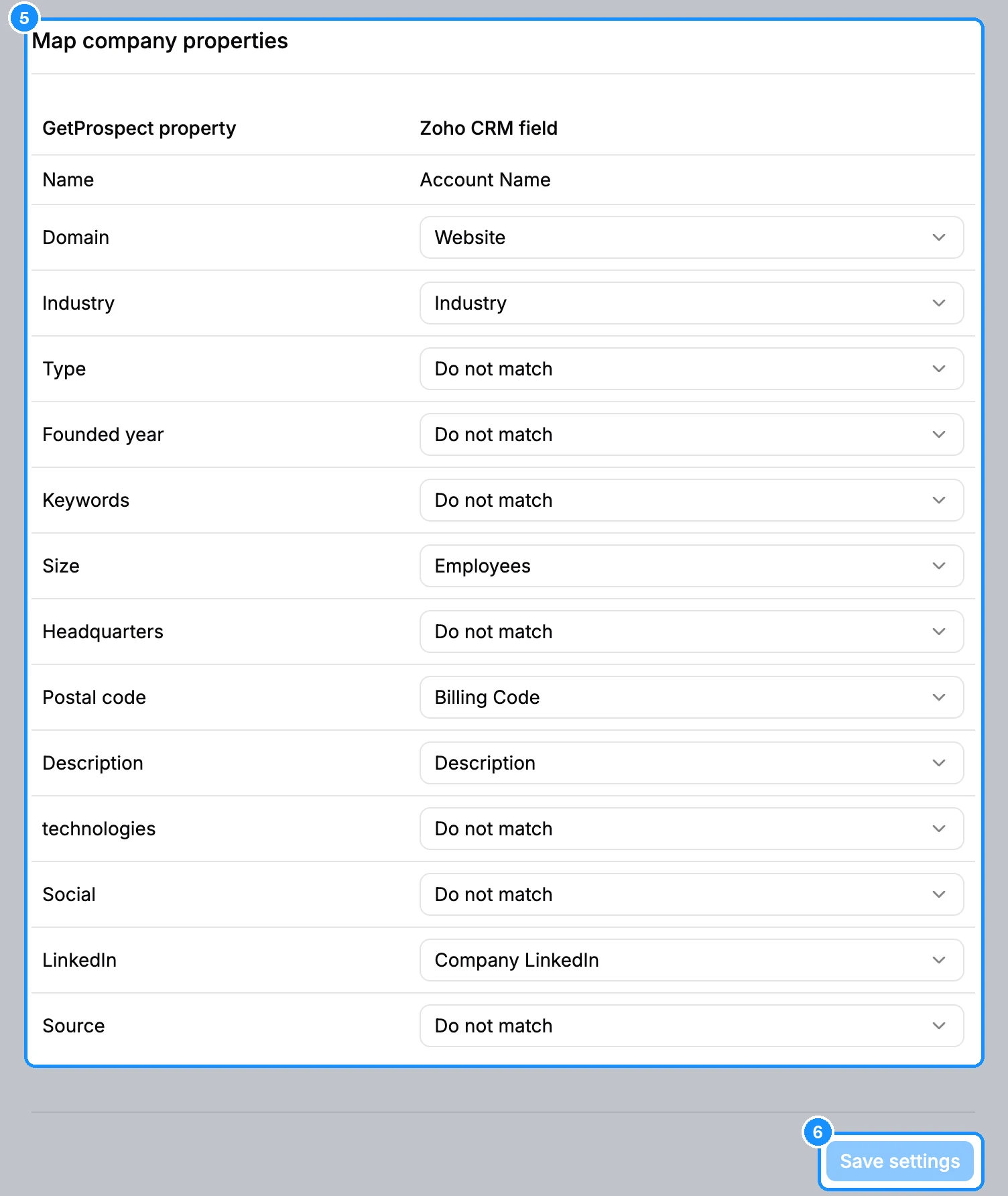Zoho CRM settings with the Map company properties table, the company name row locked to Account Name, and the Save settings button